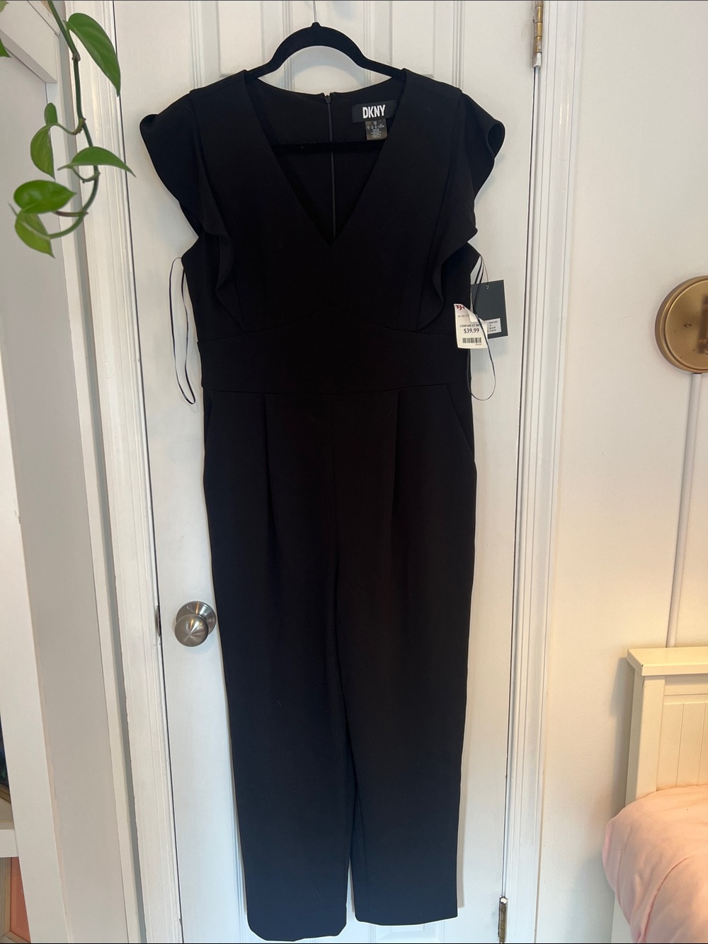 NWT | DKNY Black V-Neck Flutter-Sleeve Jumpsuit